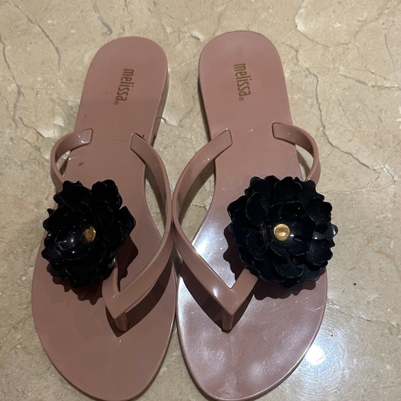 Melissa Shoes - Melissa Tan Sandals with Black Floral Detail
